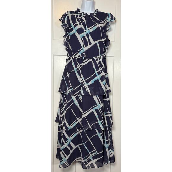 Julia‎ Jordan Tiered Dress Flutter Sleeve Midi Navy White Size 6 - Picture 1 of 12